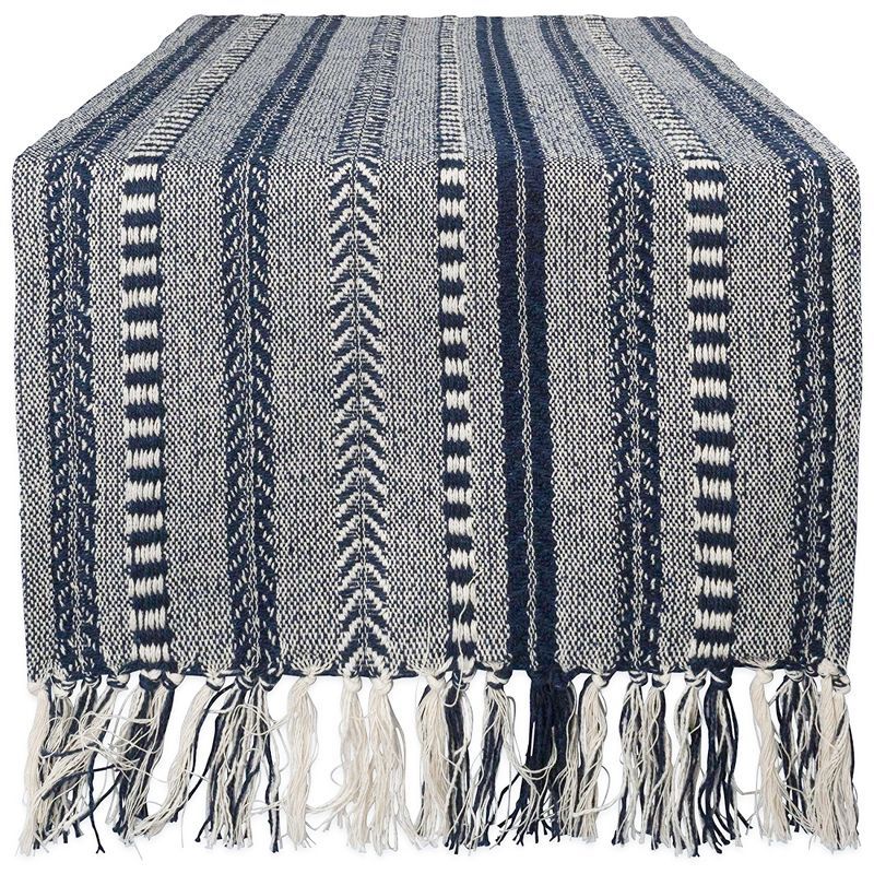 Navy Blue Cotton Braided Stripe Table Runner with Fringe, 15x108