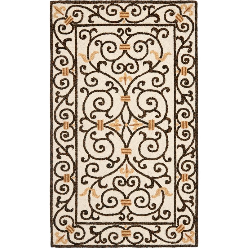 Ivory and Dark Brown Hand Hooked Wool Area Rug, 2'9" x 4'9"