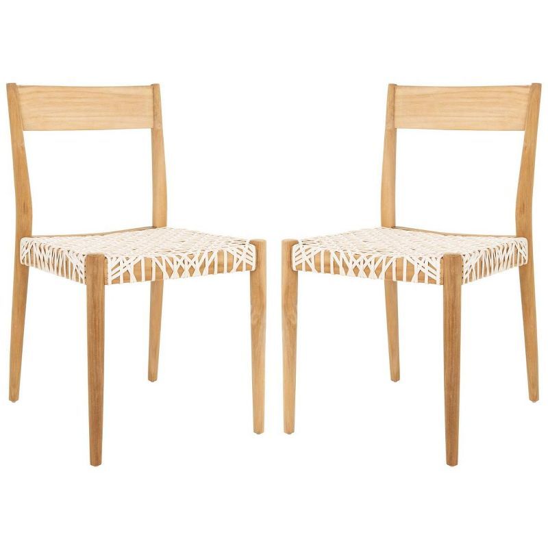 Set of 2 White Woven Leather and Teak Dining Chairs