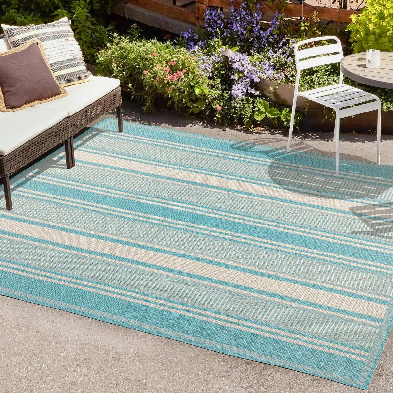 Aqua and Beige Stripe Synthetic Indoor/Outdoor Rug