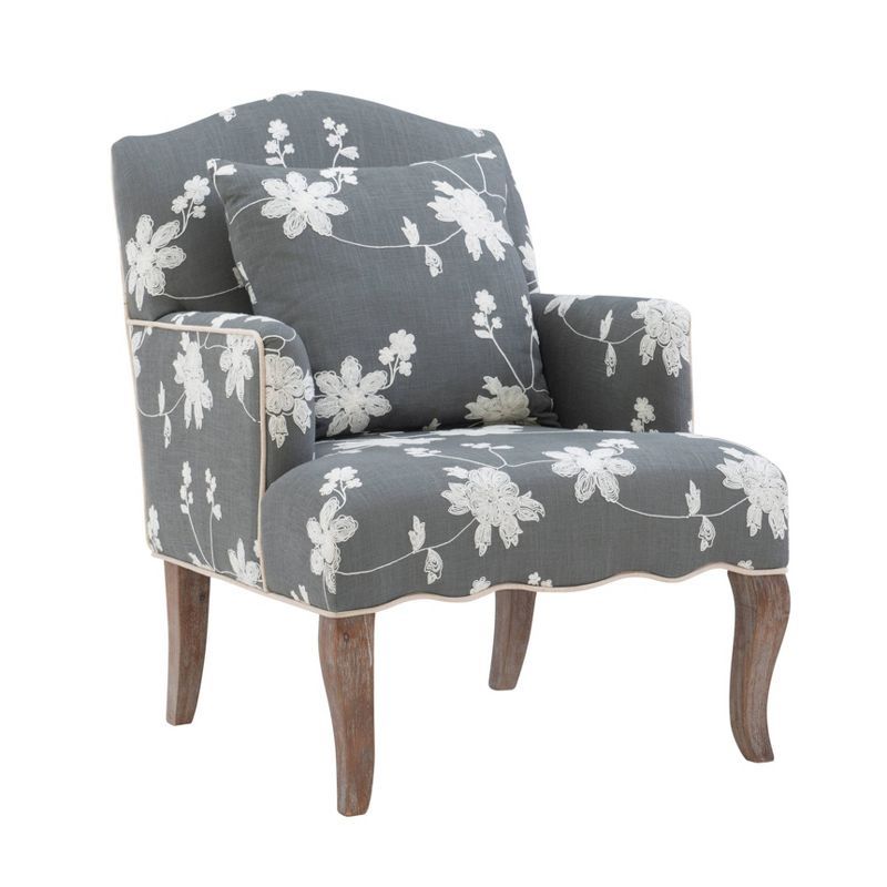 Gray Floral Embroidered Upholstered Arm Chair with Pillow