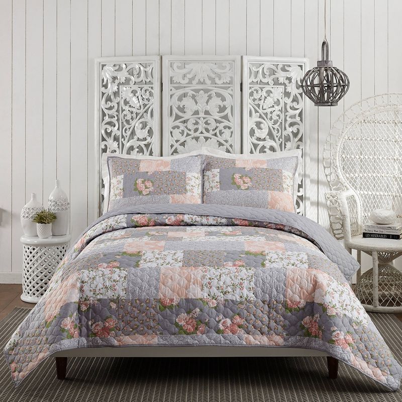 Gray Reversible Twin Microfiber Quilt Set with Floral Design