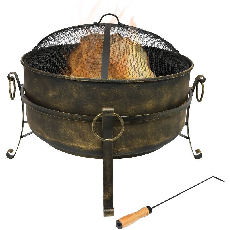 24-Inch Dark Bronze Steel Cauldron Fire Pit with Spark Screen