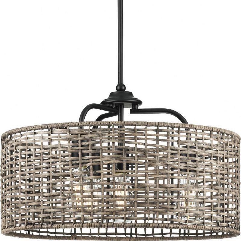 Lavelle 20.5" Matte Black Natural Rattan Drum Pendant Light