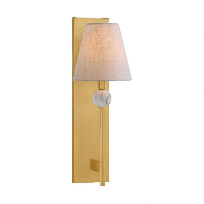 Warm Brass Wall Sconce with White Fabric Shade and Marble Accent