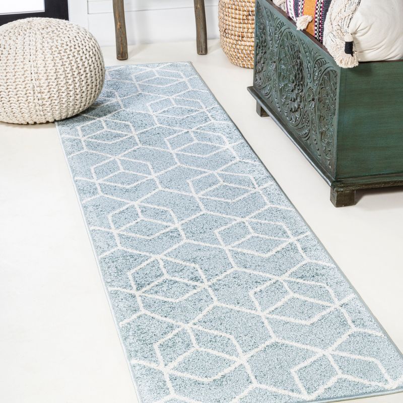 Scandinavian Geometric Light Blue & White Flatweave Runner Rug 2x8