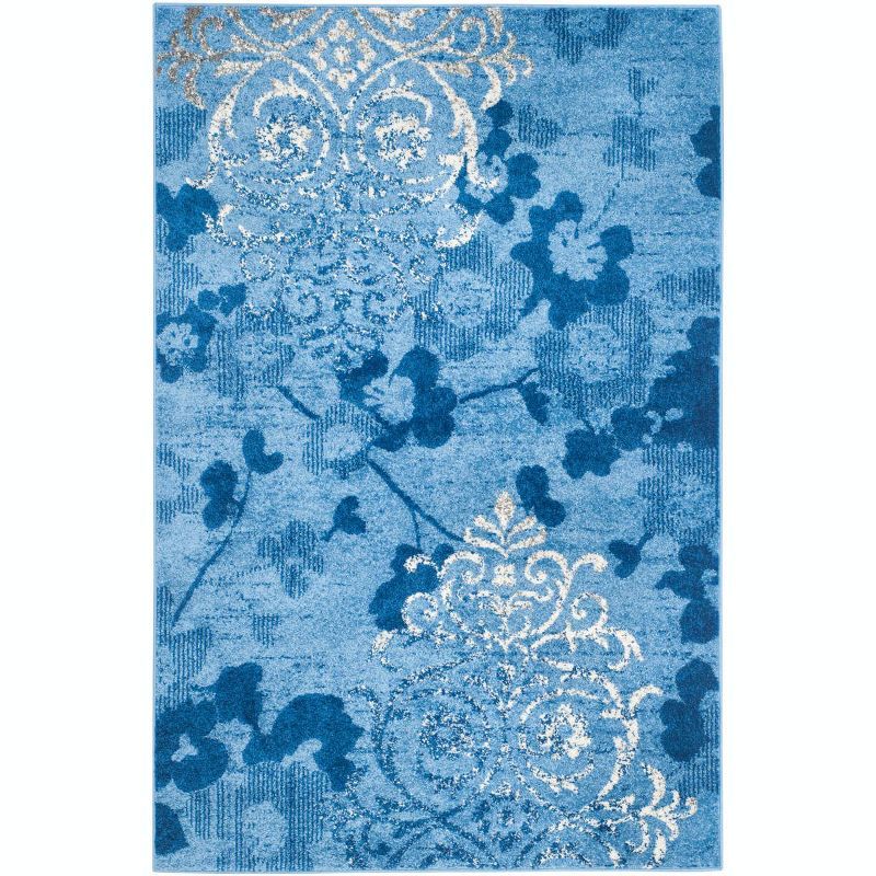 Light Blue Floral Damask Rectangular Area Rug 5'1" x 7'6"