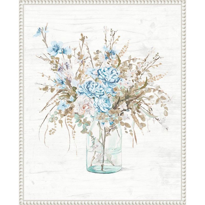 Blue Flowers in Glass Vase with White Beaded Frame Canvas Wall Art