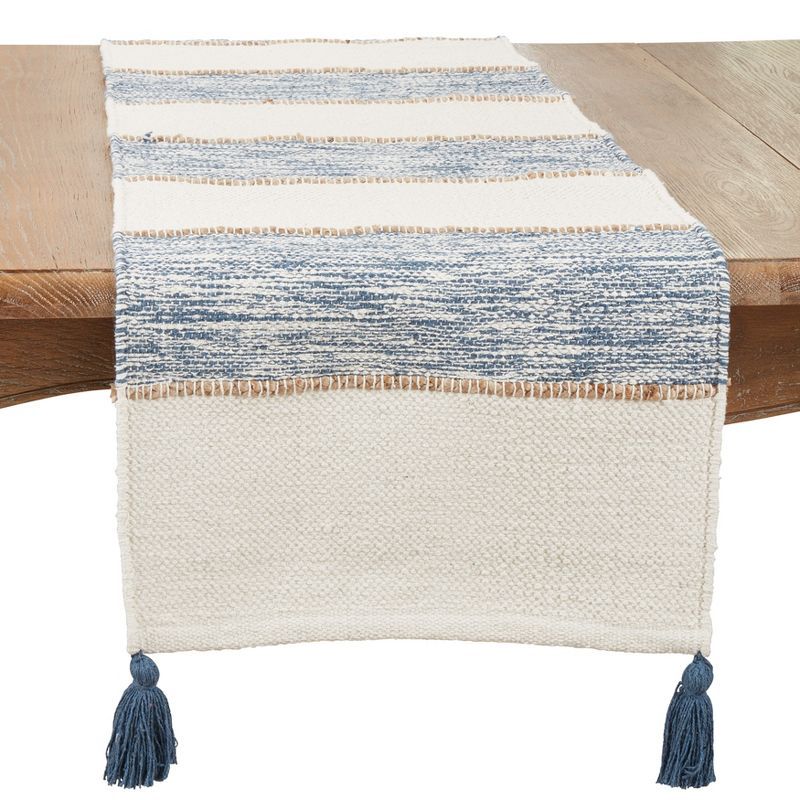 Navy Blue and White Striped Cotton Table Runner with Tassels