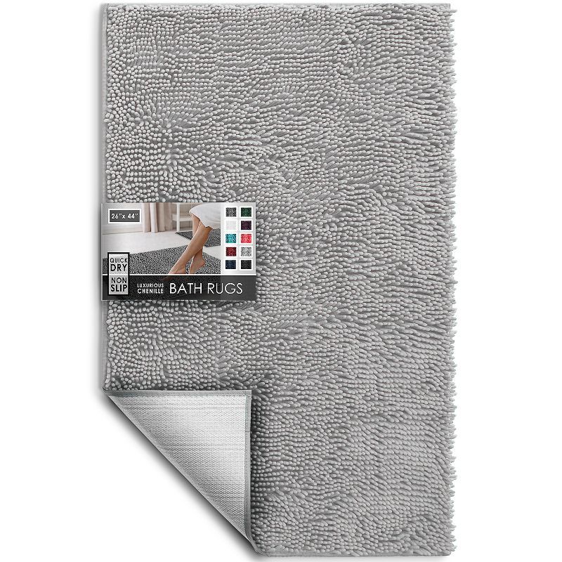 Luxurious Light Gray Chenille Bath Rug with Non-Slip Backing, 26 x 44