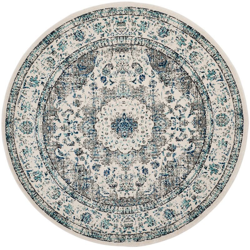 Grey and Ivory Round Floral Synthetic Area Rug, 6'7"