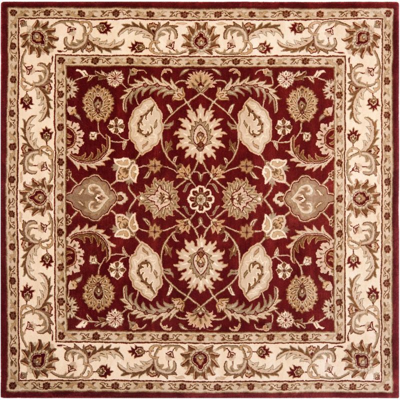 7' Square Red and Ivory Hand-Tufted Wool Area Rug