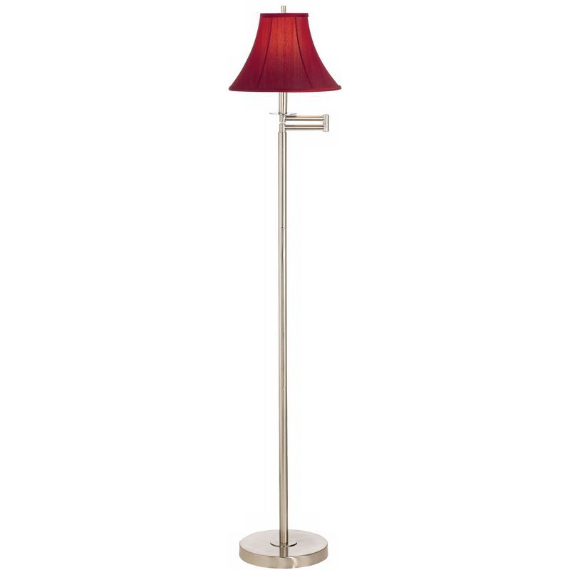 Brushed Nickel Swing Arm Floor Lamp with Red Silk Shade