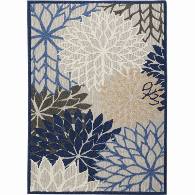 Blue Floral Synthetic Medium Rectangular Outdoor Rug