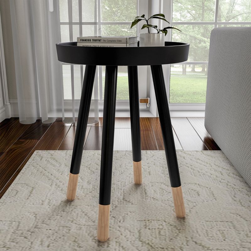 Black and Natural Wood Round Tray Top End Table