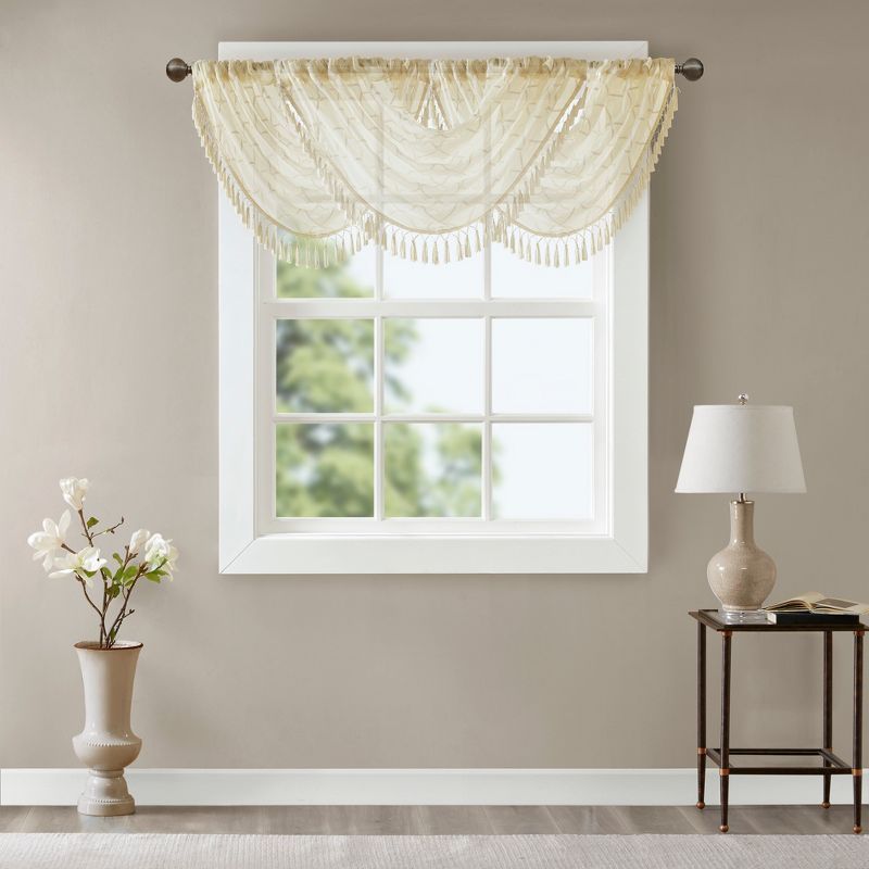 Ivory Sheer Embroidered Waterfall Valance with Tassels