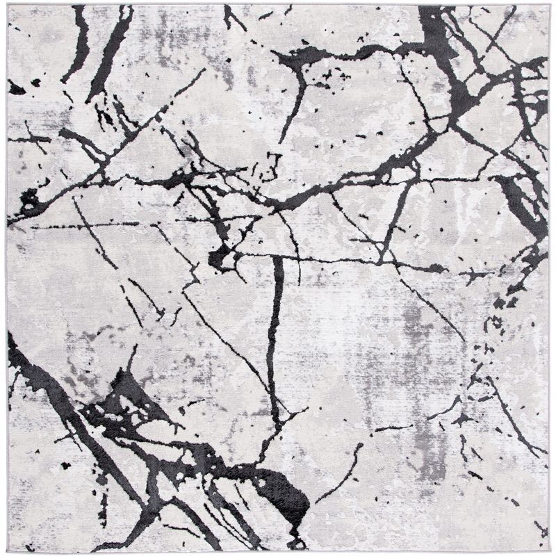 Amelia Abstract Square Area Rug in Grey and Black, Hand-Knotted Synthetic
