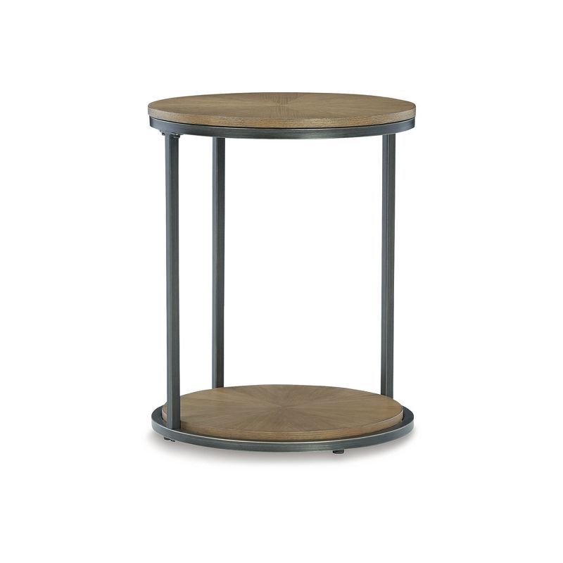 Round Black and Brown Wood Metal End Table with Storage