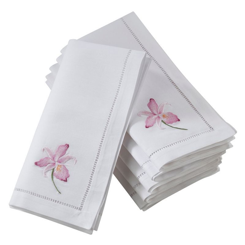 White Cotton Napkins with Fuchsia Orchid Embroidery, Set of 6