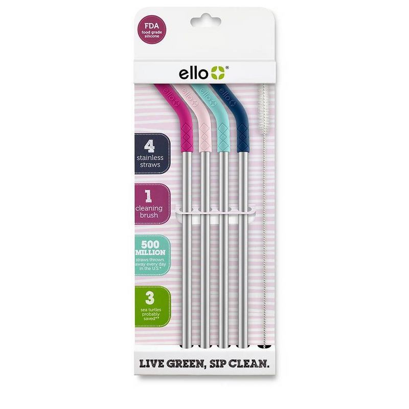 Ello 4-Pack Stainless Steel Straws with Silicone Tips