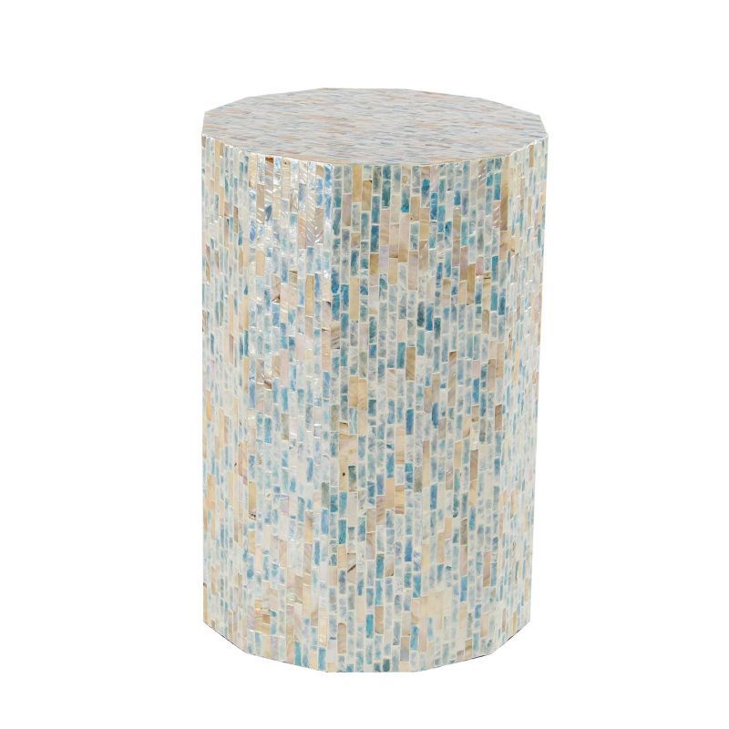 Elegant Blue Mother of Pearl 13" Round Wood Accent Table