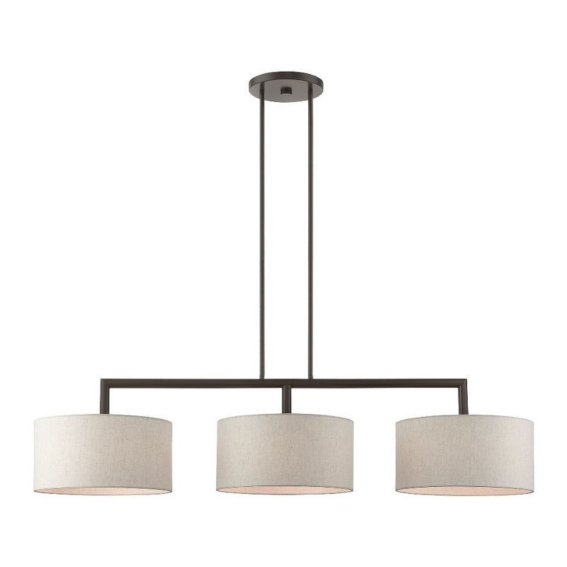 English Bronze Linear Chandelier with Oatmeal Fabric Shades