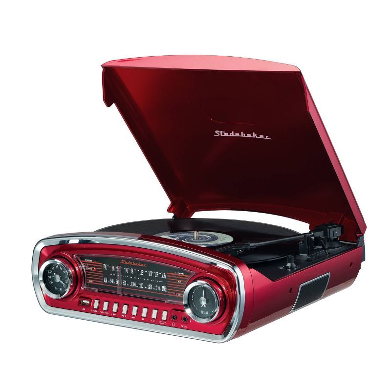 Red Vintage Style 3-Speed Turntable with Bluetooth and AM/FM Radio
