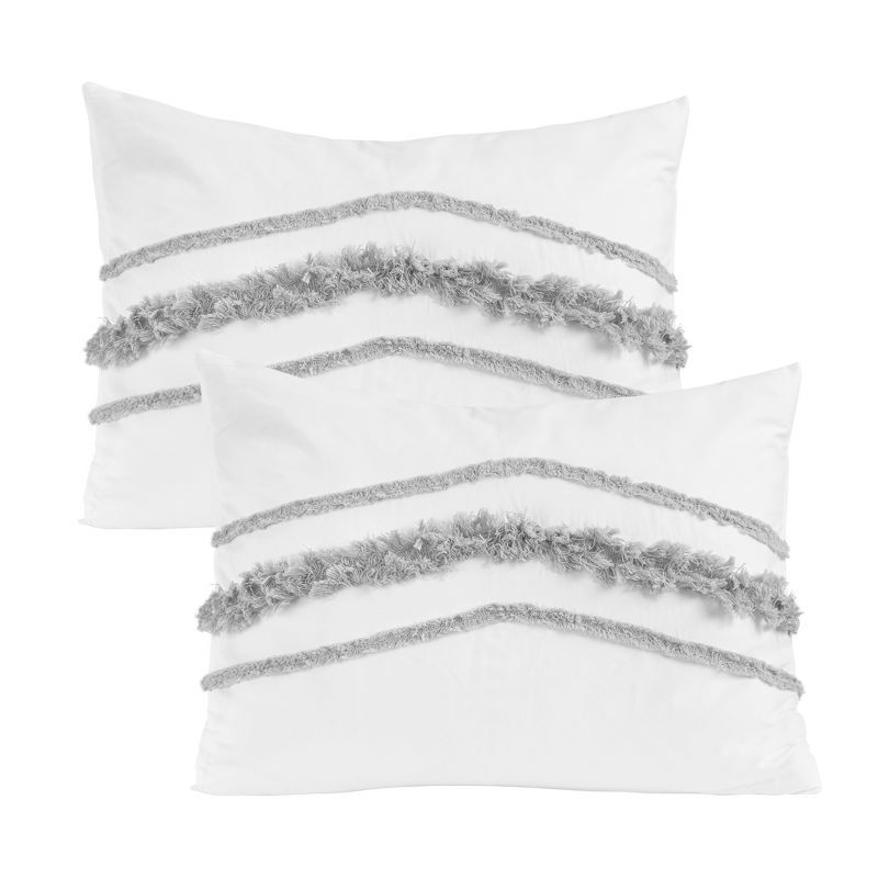 White and Gray Cotton Standard/Queen Boho Fringe Pillow Shams