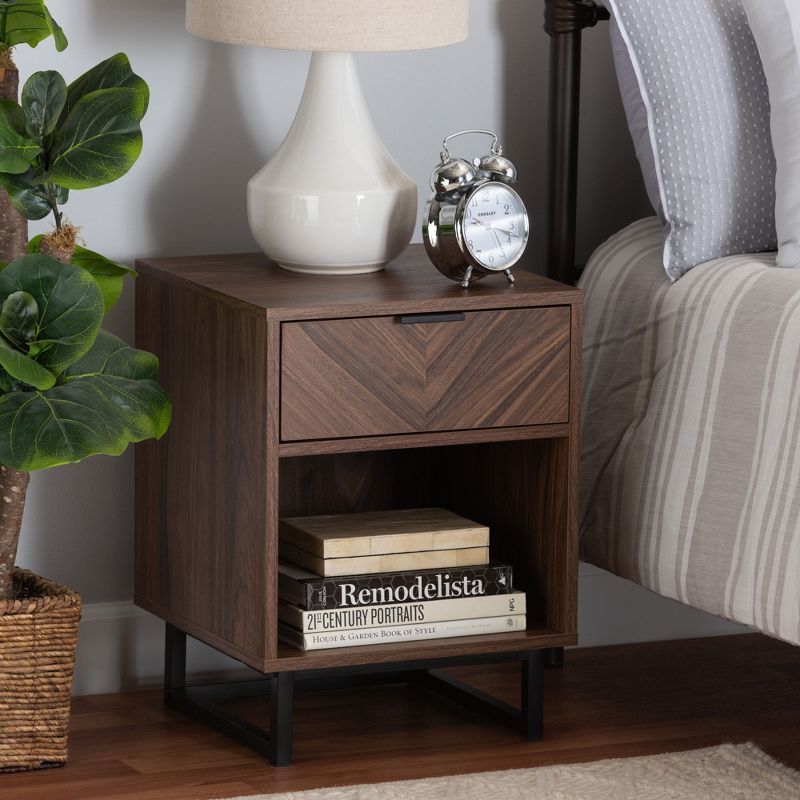 Walnut Brown Wood and Black Metal 1-Drawer Night Table