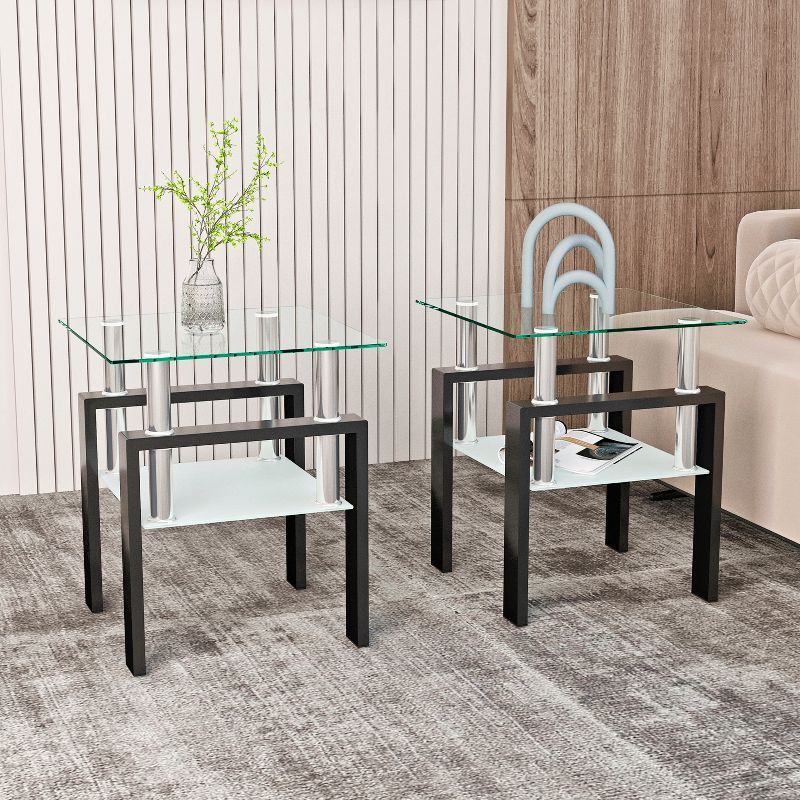 Set of 2 Modern Black Metal and Glass End Tables