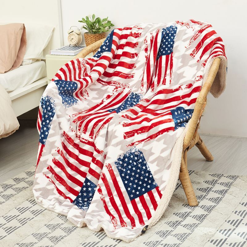 Catalonia Patriotic American Flag Sherpa Fleece Reversible Throw Blanket, 50x60 inches