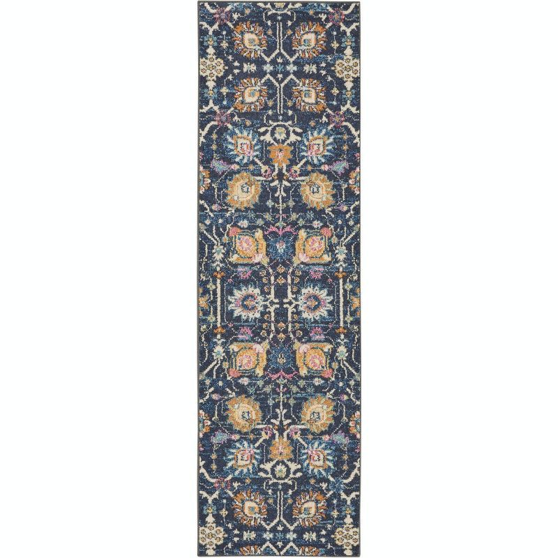Navy Floral Synthetic Runner Rug with Latex Backing