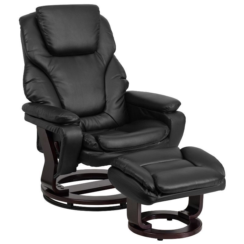 Black Leather Swivel Recliner with Ottoman and Wood Base