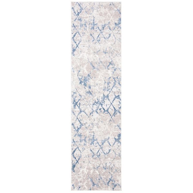 Light Grey and Blue Trellis Stain-Resistant Synthetic Rug