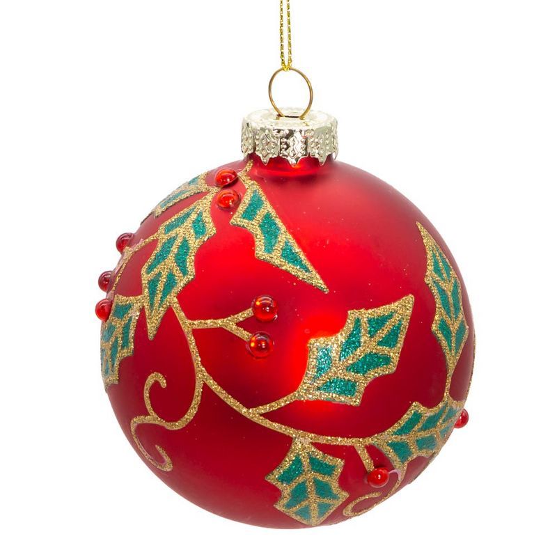 80MM Red Glass Ball Ornaments with Holly Leaves and Rhinestones, Set of 6