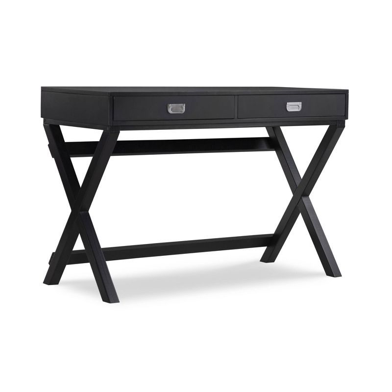 Sleek X-Framed Black Wood Writing Desk with Silver Hardware