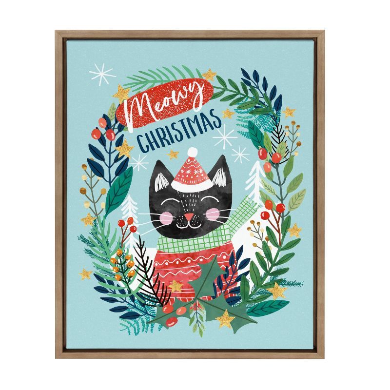 Meowy Christmas Cat Print on Canvas with Gold Frame