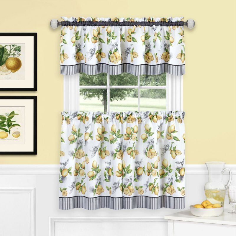 White Lemon Print Sheer Polyester Kitchen Curtain Set