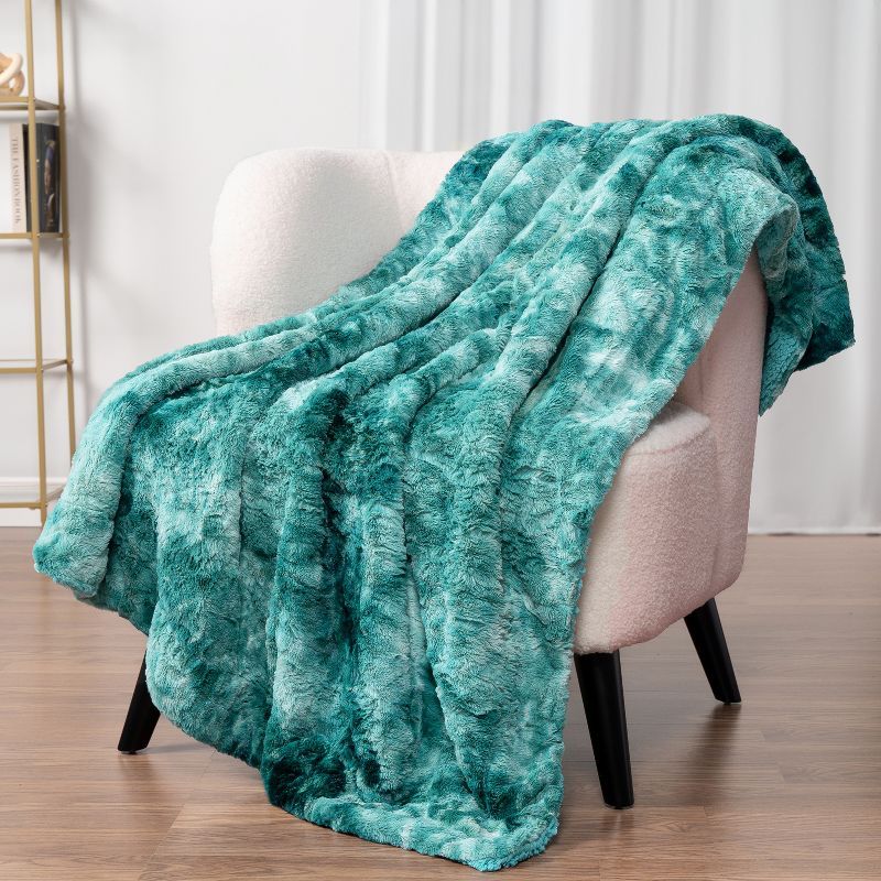 Teal Tie-Dye Faux Fur Sherpa Reversible Throw Blanket