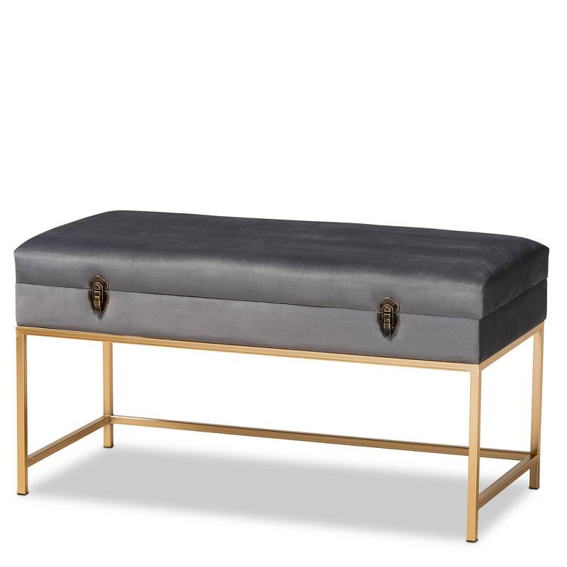 Aliana Large Tufted Gray Velvet Storage Ottoman with Gold Metal Legs