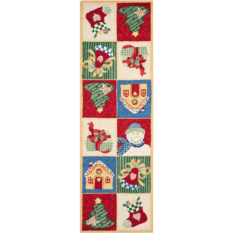 Ivory and Multi Wool Hand-Hooked Christmas Runner Rug