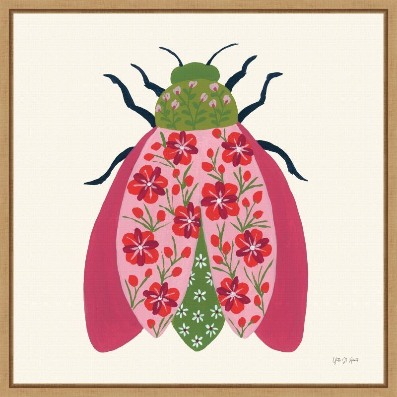 Floral Beetle Lithograph on Canvas with Light Wood Frame