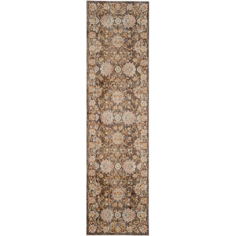 Brown Floral Motif Synthetic Runner Rug with Trim Embellishment