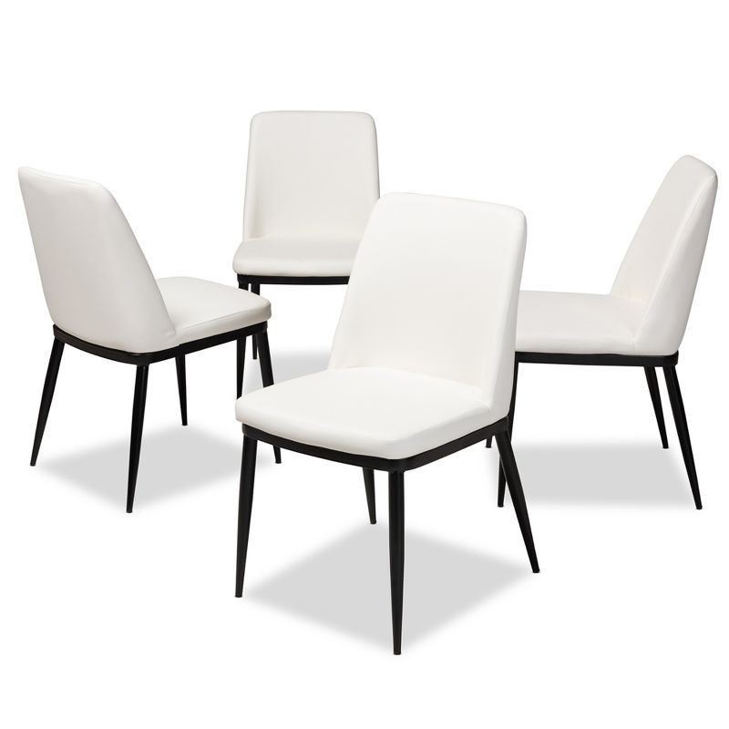 Set of 4 White Faux Leather Upholstered Dining Chairs with Black Metal Legs