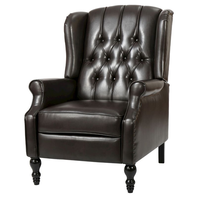 Brown Tufted Leather Wingback Recliner with Wood Legs