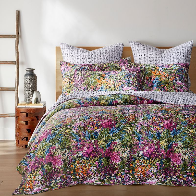 Full Black Cotton Reversible Floral Quilt Set