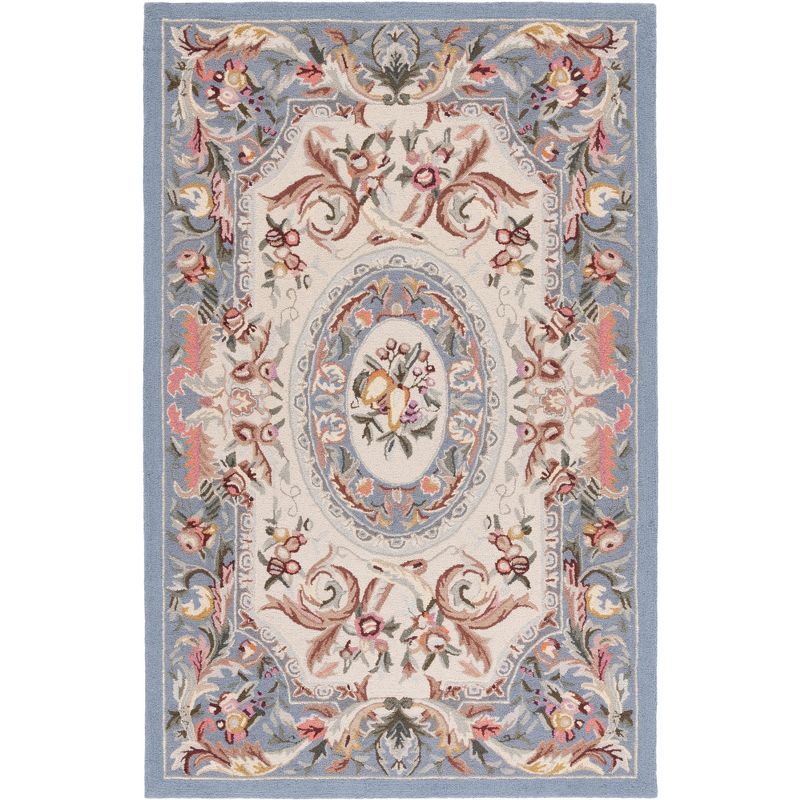 Blue Floral Hand-Hooked Wool Area Rug 5'3" x 8'3"