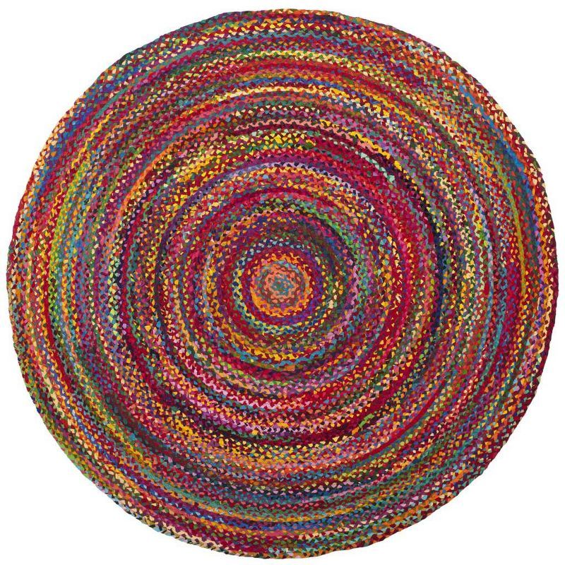 Handmade Red/Multi Braided Wool Cotton Round Rug, 3' x 3'