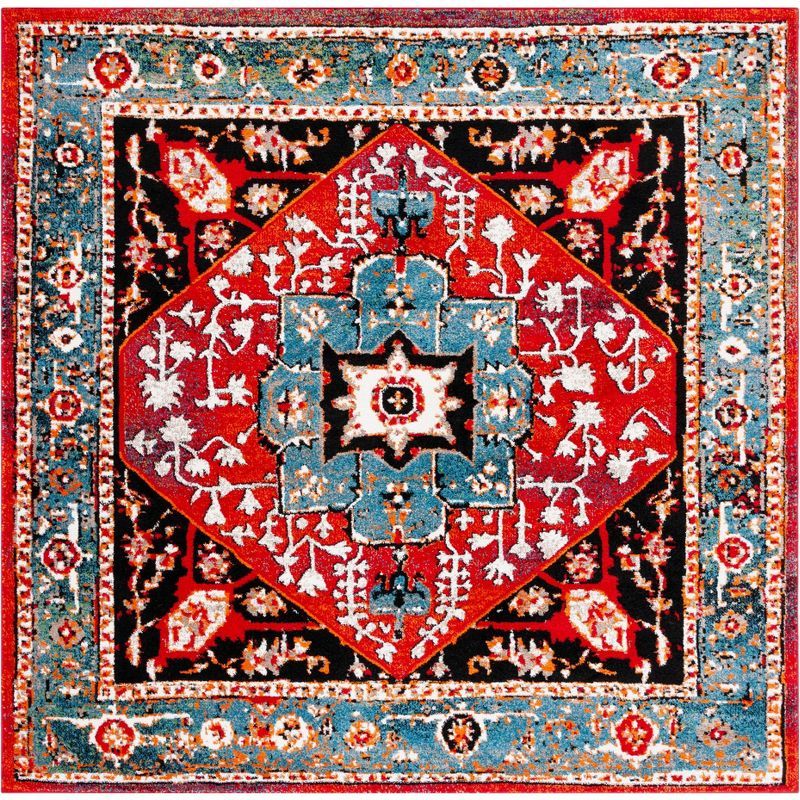 Antique Patina Vintage Hamadan 6'7" Square Blue/Red Synthetic Rug