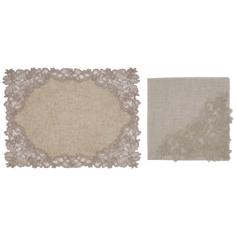 Taupe Embroidered Lace Floral Placemats and Napkins Set